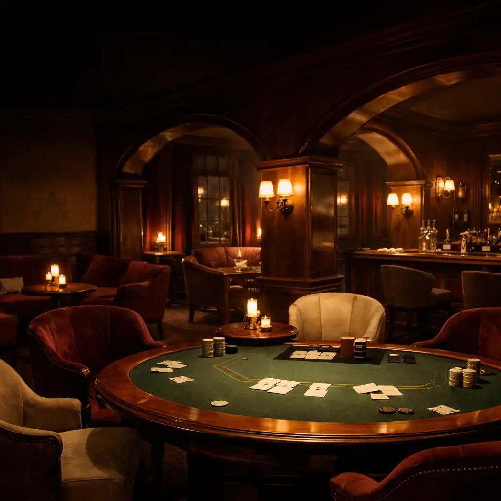Blackjack table w centrum ciepło oświetlonego lounge z fotelami po bokach