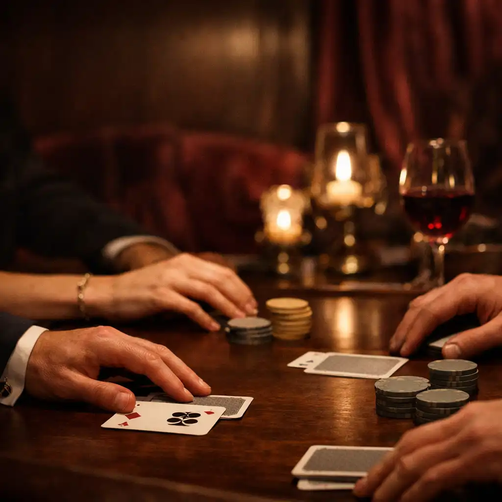 Dłonie przy fizycznym stole pokerowym, karty i kieliszki w świetle świec