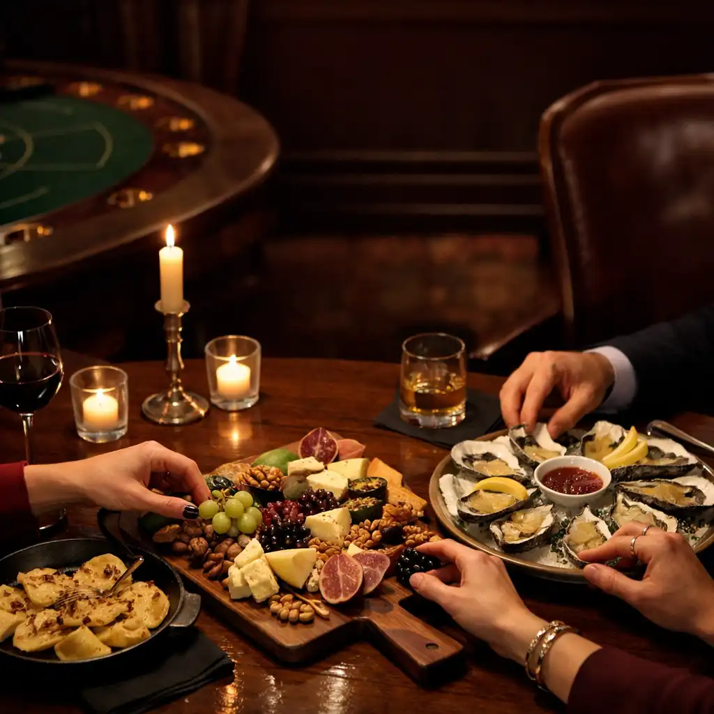 Wspólny późnowieczorny stół z daniami do dzielenia się w kameralnym lounge
