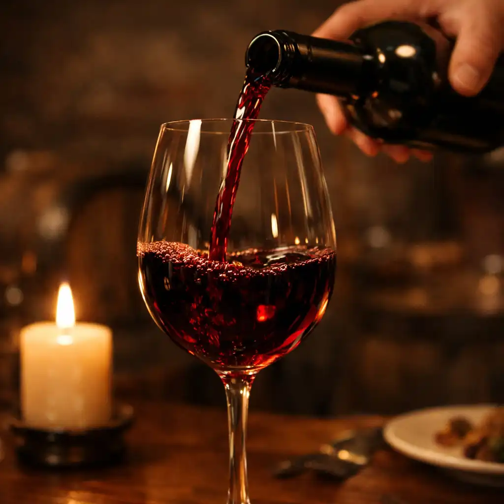 Wino nalewane do kieliszka w przyciemnionej restauracyjnej piwnicy