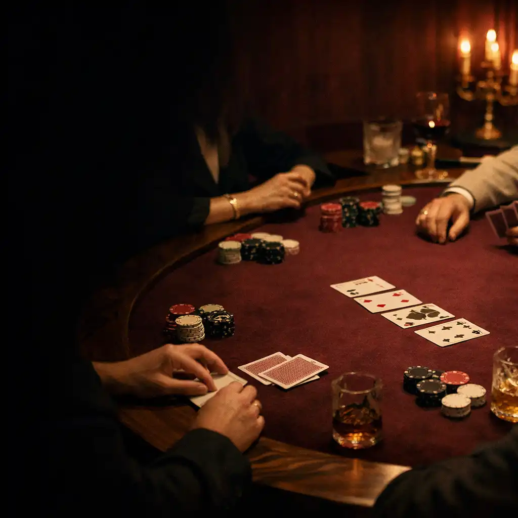 Dłonie gości, fizyczne karty i światło świec przy pokerowym stole po kolacji