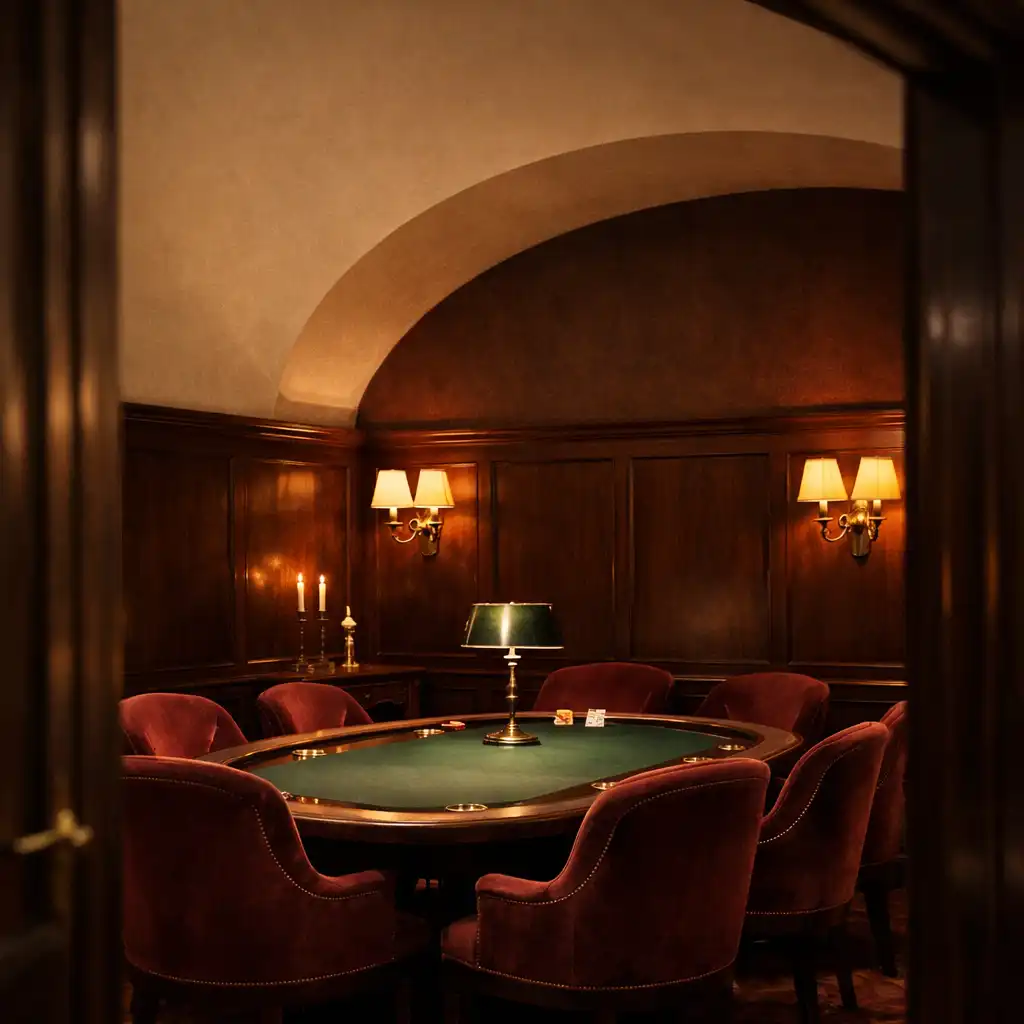 Kameralny poker salon z owalnym stołem, burgundowymi krzesłami i orzechowym drewnem