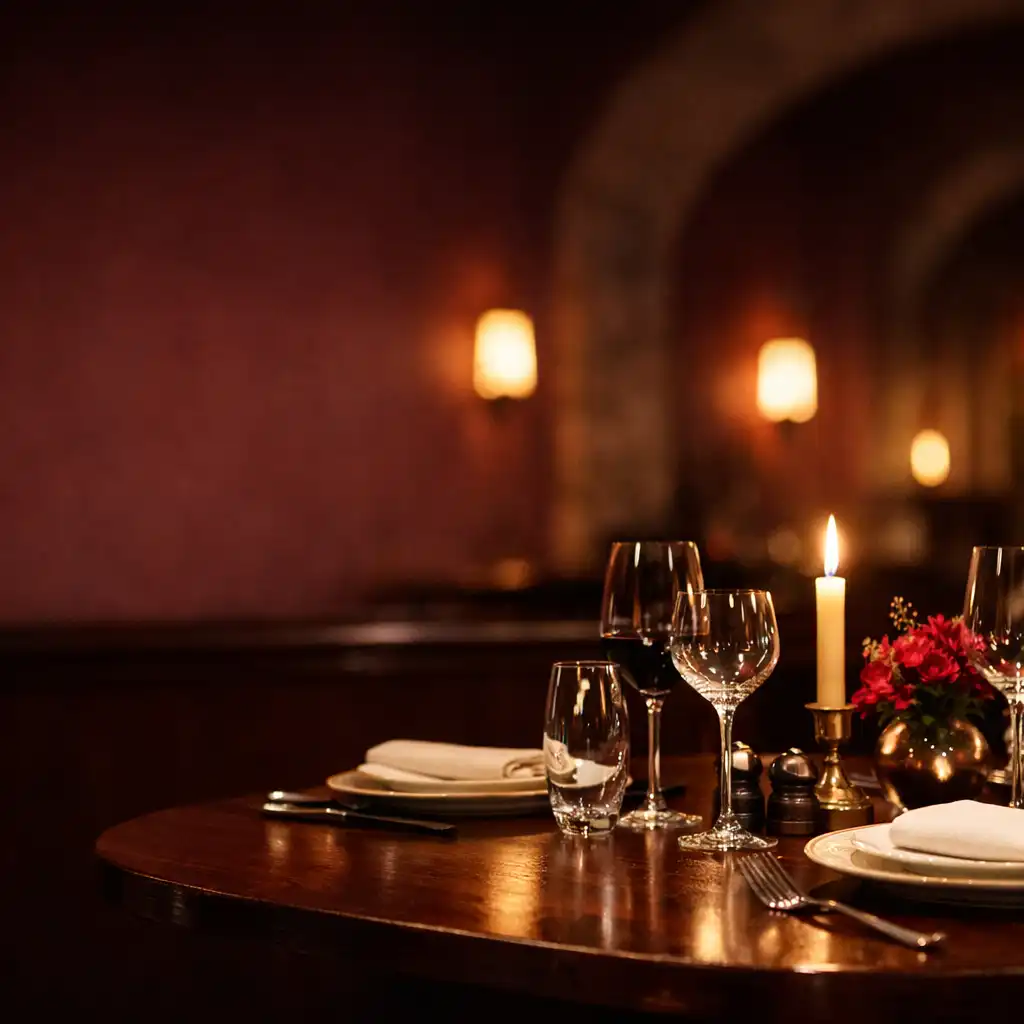 Elegancko nakryty stół we wnętrzu restauracji po zmroku