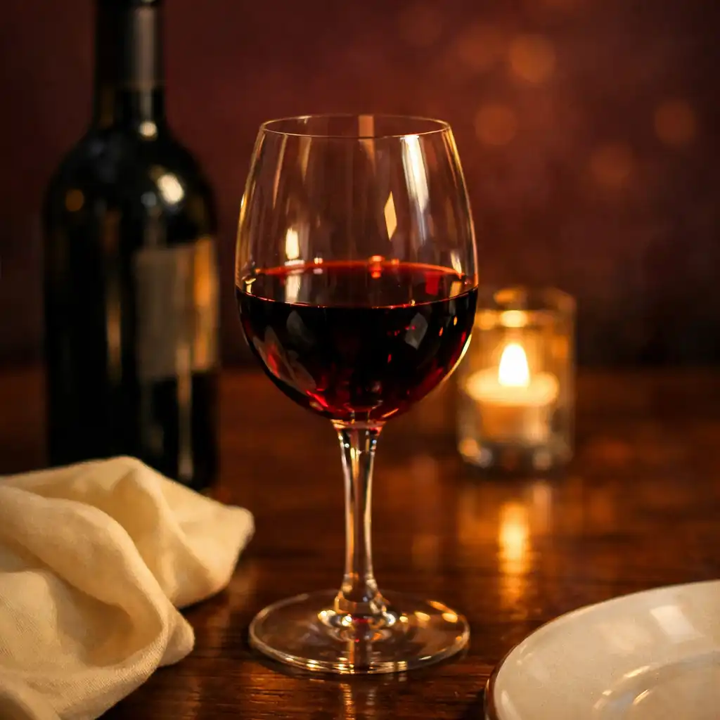 Kieliszek czerwonego wina przy restauracyjnym stole