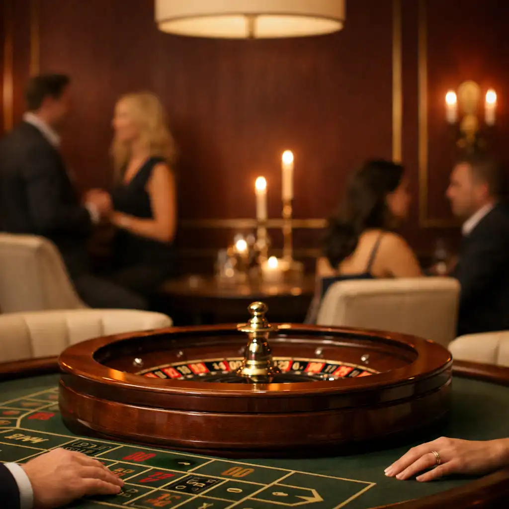 Kameralny stół ruletki w burgundowym Casino Lounge