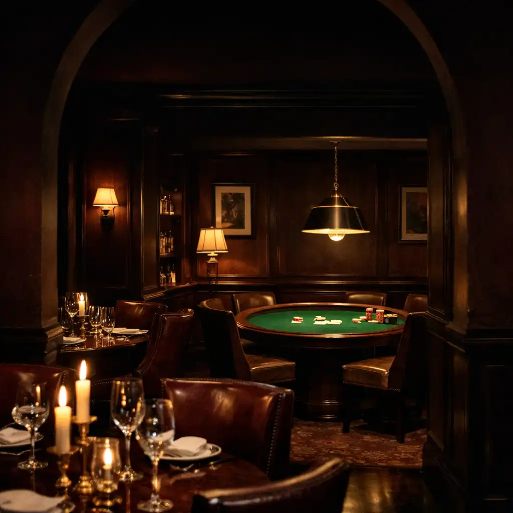 Ciepło oświetlone wnętrze restauracji z łukiem prowadzącym do card lounge