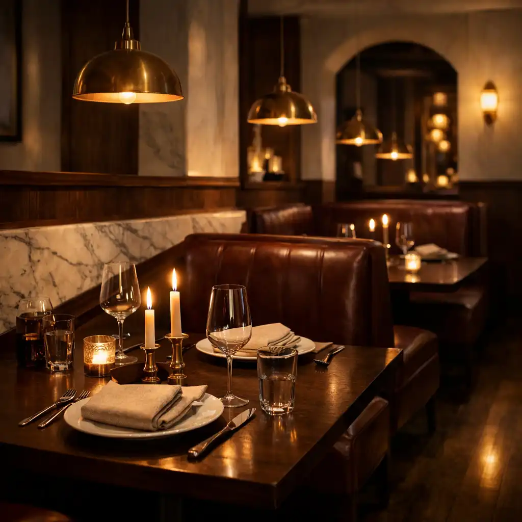 Sala główna restauracji z orzechowymi stołami, burgundowymi siedziskami i punktowym światłem lamp